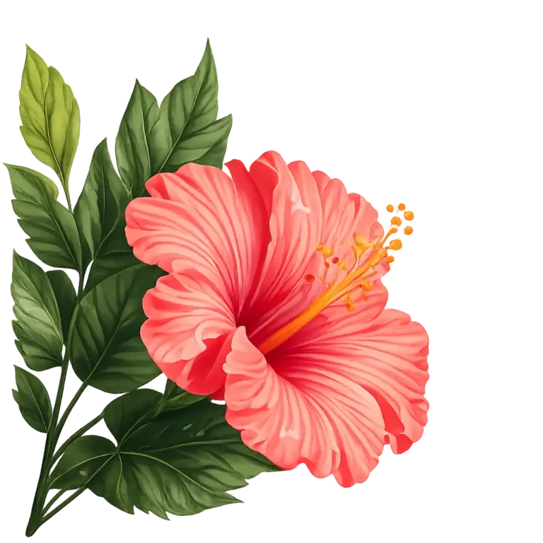 red hibiscus flower with leaves